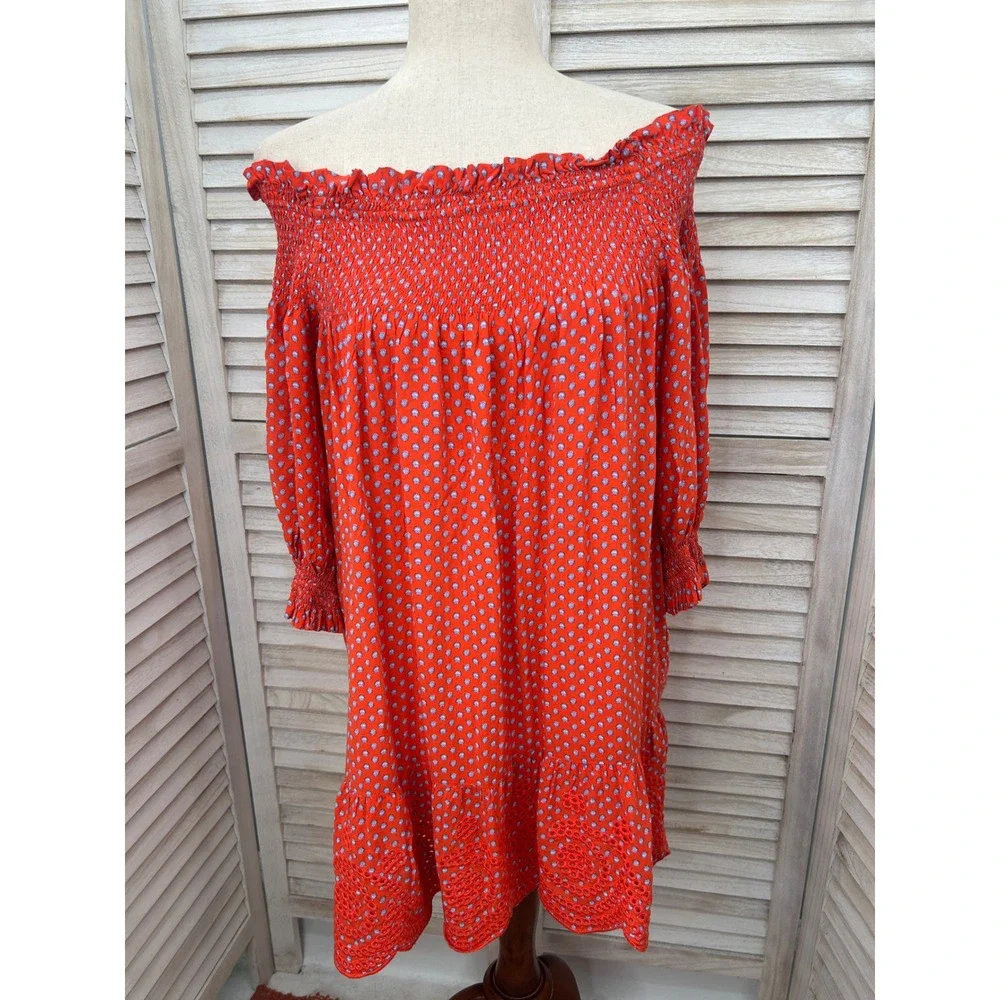 Tory Burch Off the Shoulder Dress Size XS Orange Polka Dot Shirred Ruched Ruffle